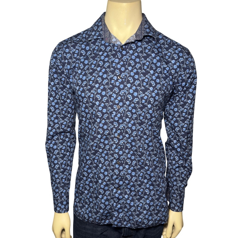 Ted Baker Endurance Shirt Mens 16 34/35 Blue Floral Excellent Long Sleeve Button